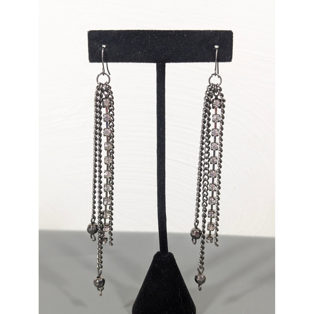 Gunmetal Gray Rhinestone Chain Dangle Earrings Long Pierced Statement Whimsigoth